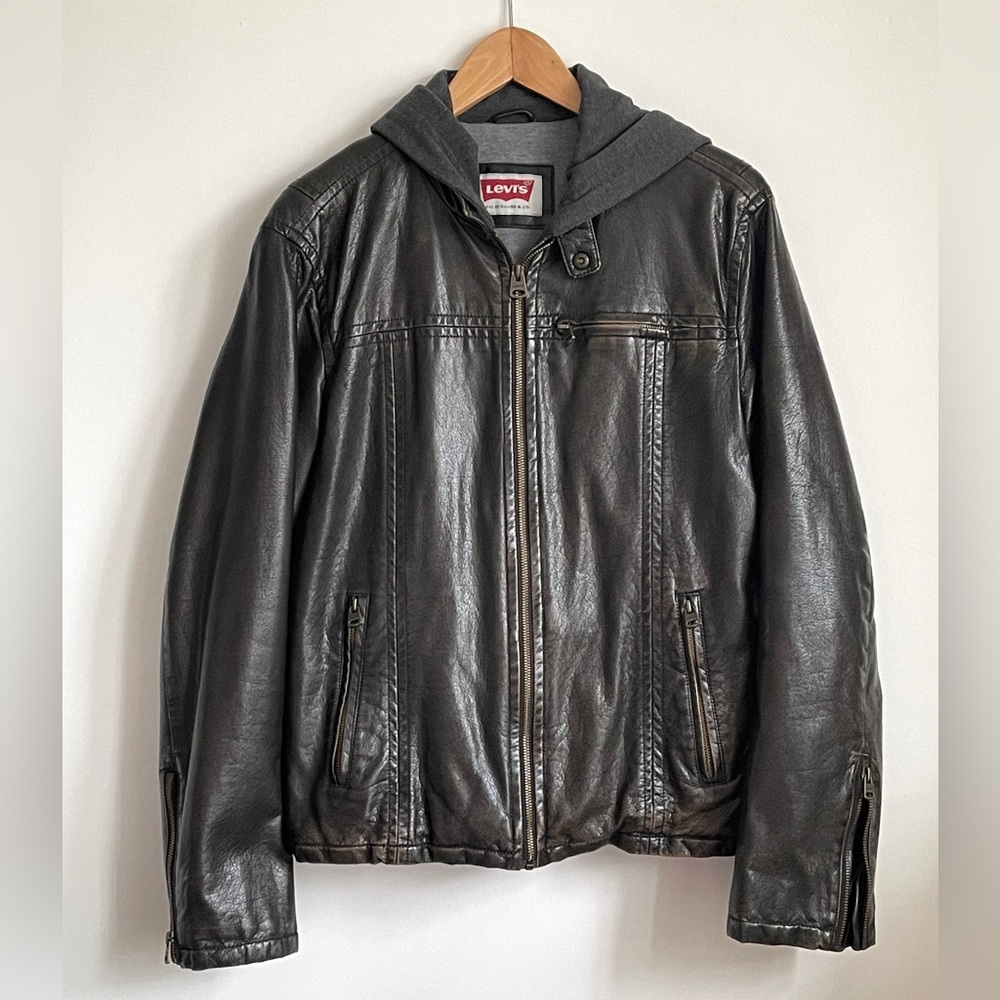 Size S Levi's Dark Brown Faux Leather Jacket with Gray Hood